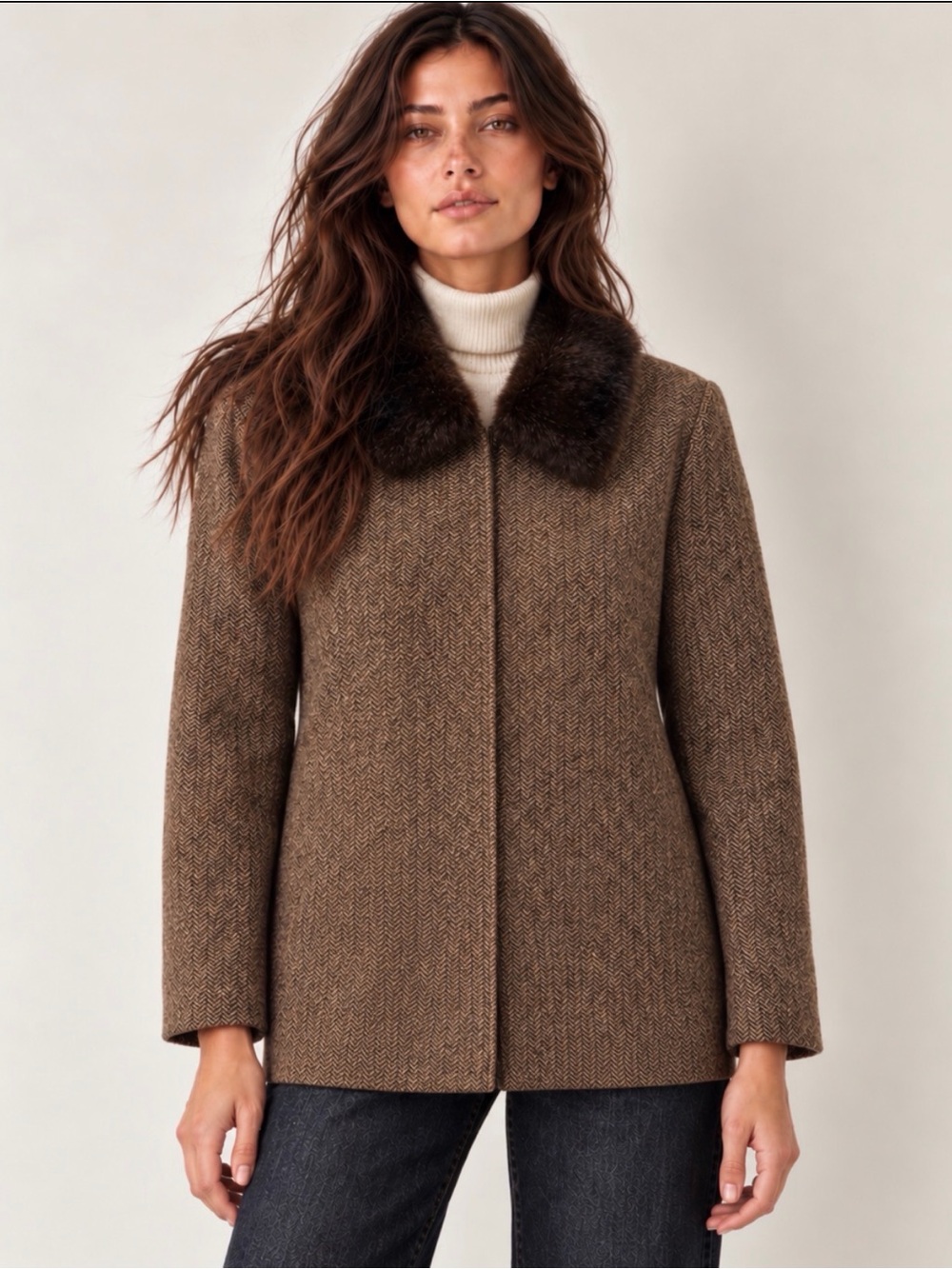 Vintage Talbots Brown Herringbone Tweed Jacket Detachable Faux Fur Collar